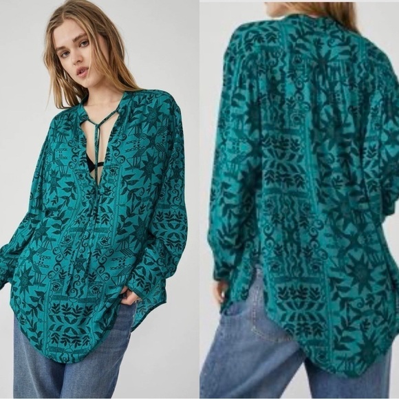 NWT FREE PEOPLE Long Sleeve Tunic Floral Green Sz M - Picture 1 of 8